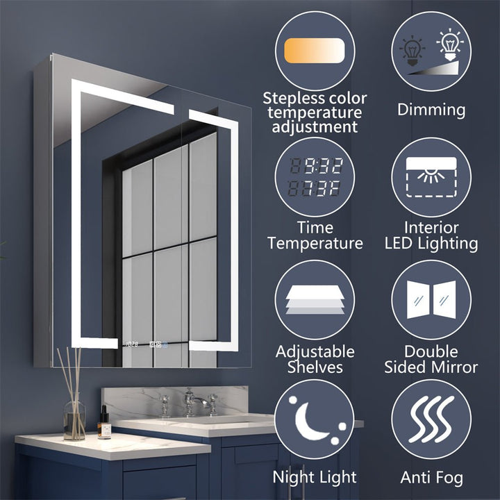 Modern LED medicine cabinet with multiple features including stepless color adjustment, dimming, anti-fog, interior lighting, night light, double-sided mirror, and temperature display.
