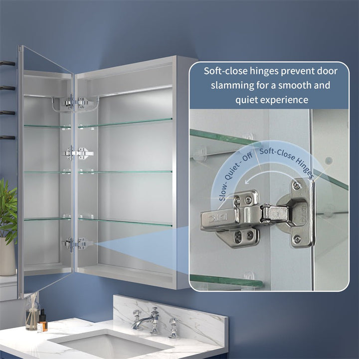 Soft-close hinges inside the modern medicine cabinet ensure smooth and quiet door closing, preventing slamming and enhancing user experience.