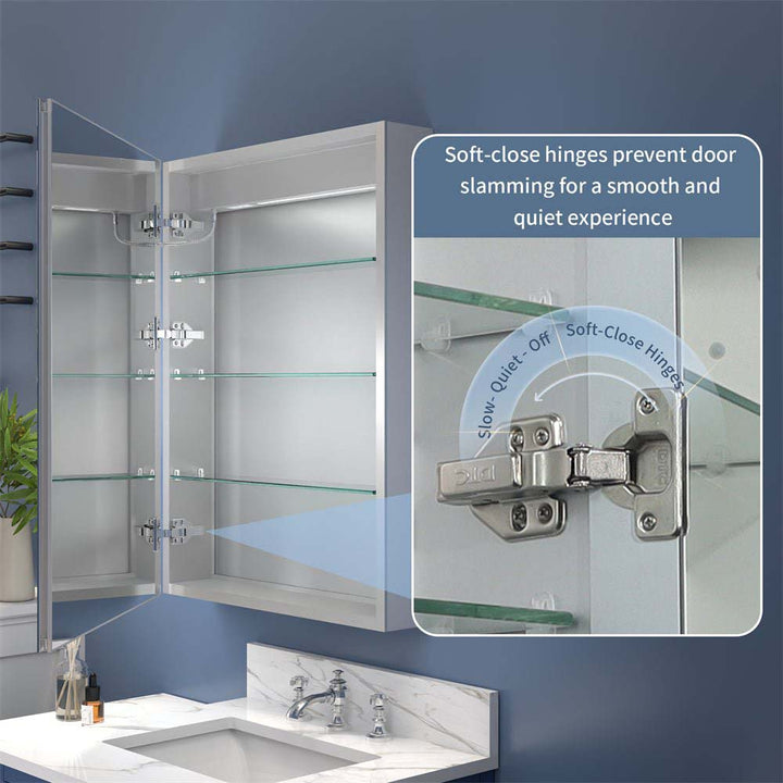 Modern bathroom medicine cabinet soft close hinges interior shelves 