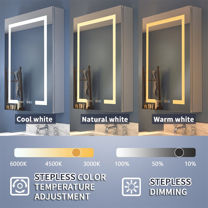LED medicine cabinet with stepless color temperature adjustment from 3000K to 6000K and stepless dimming for personalized lighting needs.