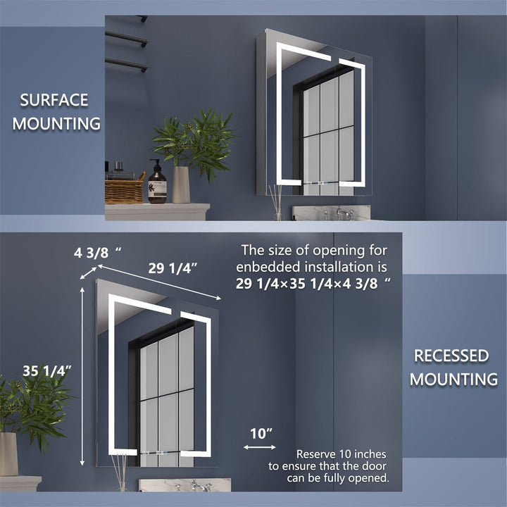 Comparison of surface and recessed mounting options for LED medicine cabinet, with detailed opening dimensions and 10-inch clearance recommendation.