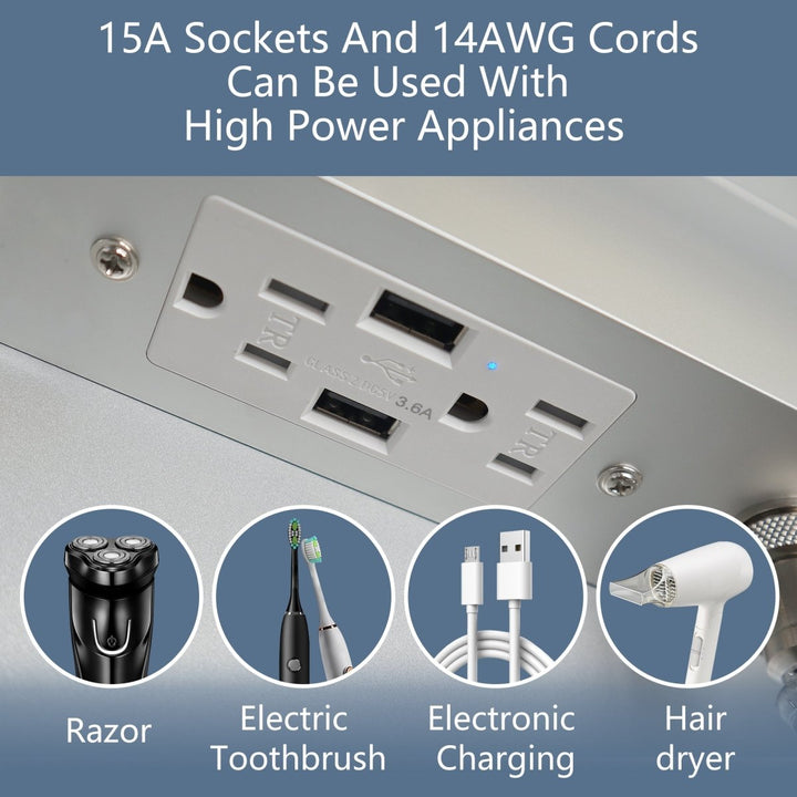 Modern medicine cabinet with built-in 15A power sockets and USB ports, compatible with hair dryers, electric toothbrushes, razors, and other high-power appliances.