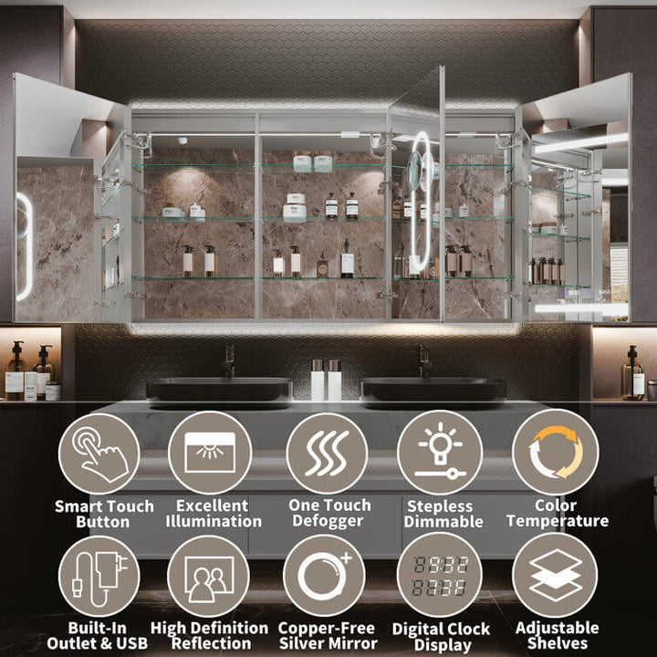 Modern bathroom mirror cabinet with smart features like LED lighting and digital clock display