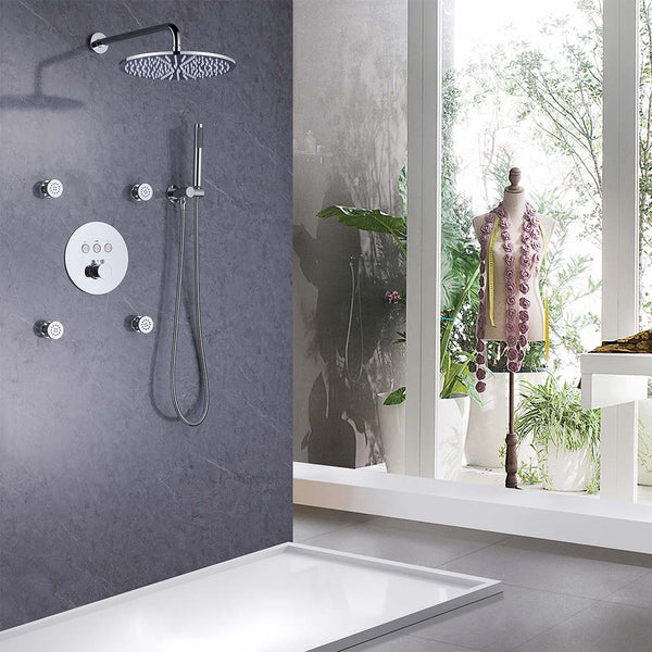 Modern bathroom shower system with rainfall head and jets