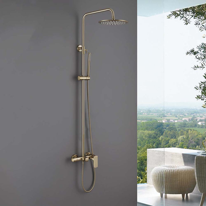 Wall-mounted gold shower system in modern bathroom scene