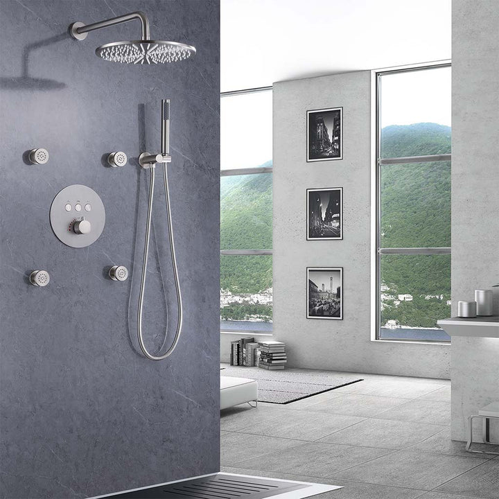 Modern shower system with rain shower head and body jets in bathroom