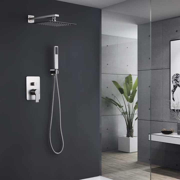 Modern bathroom shower system with square rain head and hand spray