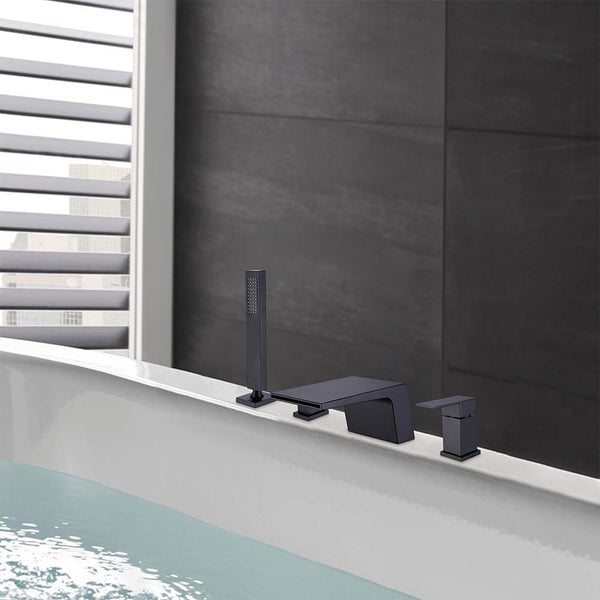 Modern bathtub faucet with waterfall spout and hand shower installed