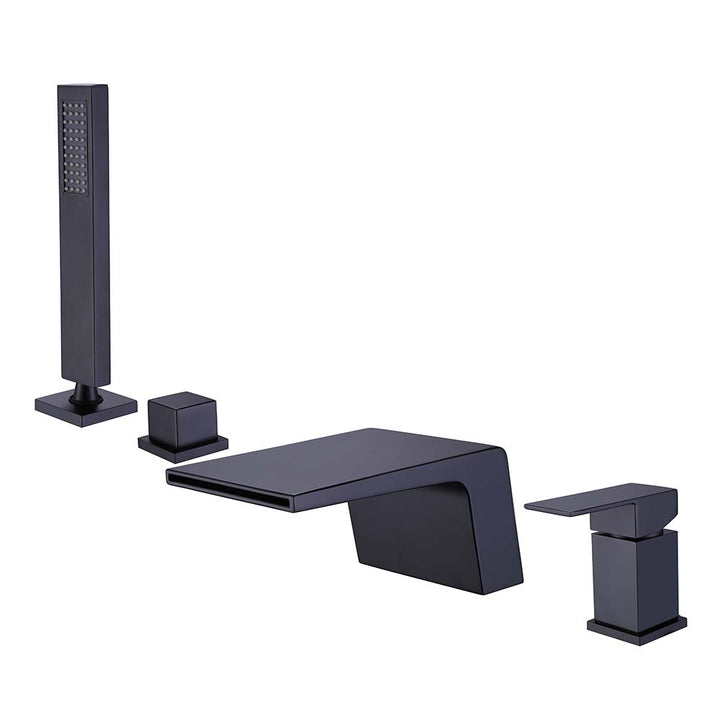 Modern black bathtub faucet set with waterfall spout and hand shower