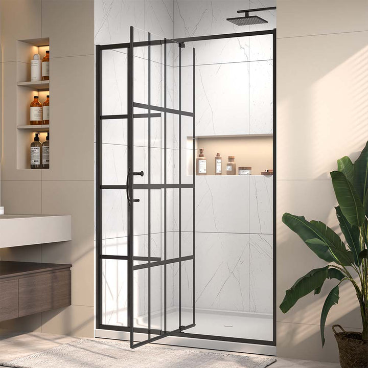 Modern black framed shower door with clear glass for bathroom