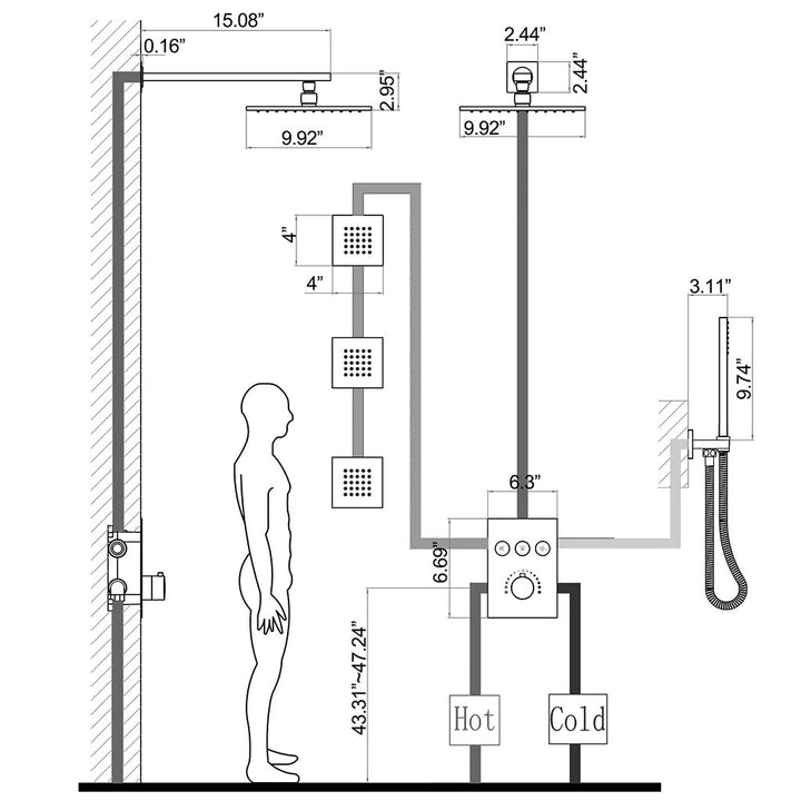 Modern black shower system dimensions with rainfall and handheld shower