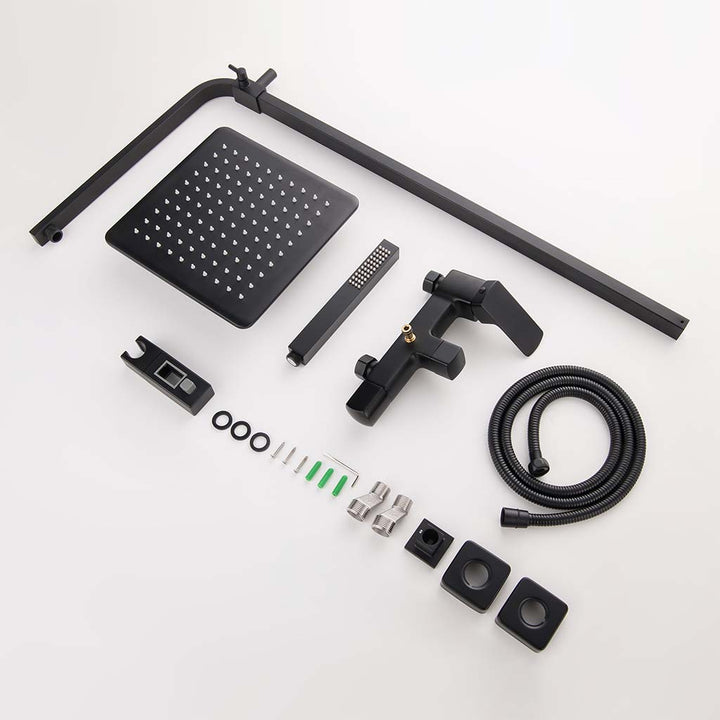 Modern black shower system parts set with rainfall head and hand shower