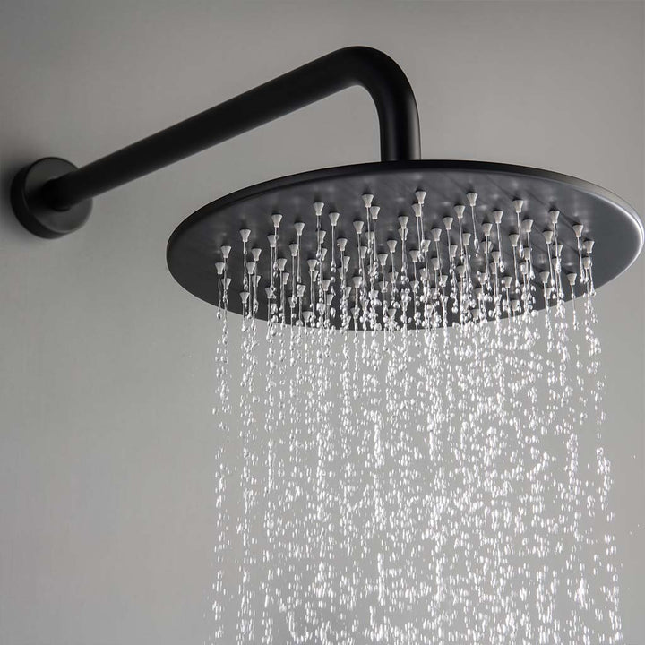 Modern black shower system rainfall showerhead with water flow