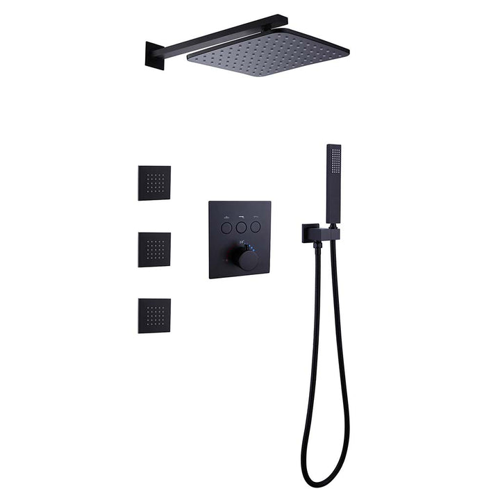 Modern black shower system with rainfall head and handheld sprayer