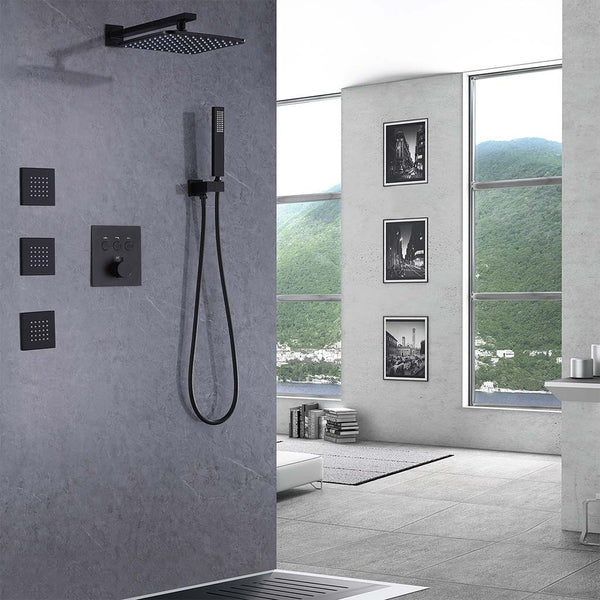Modern black shower system with rain shower and hand shower