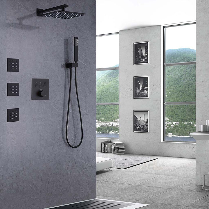 Modern black shower system with rain shower and hand shower