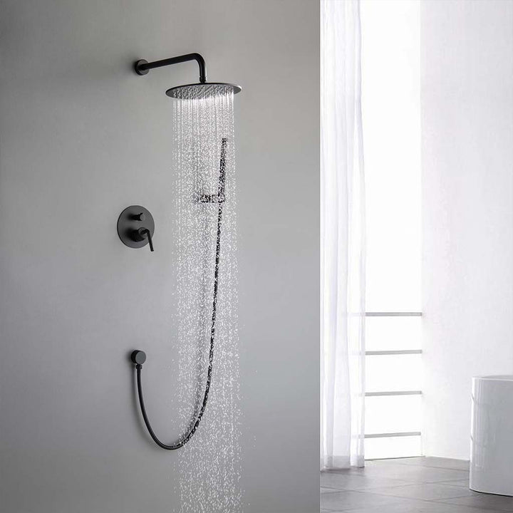 Modern black shower system with rainfall water flow