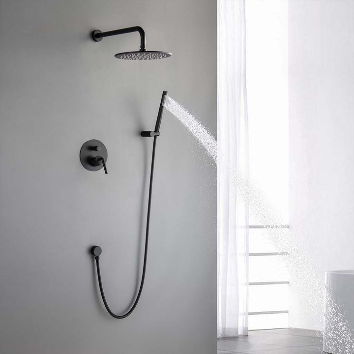 Modern black shower system with rainfall head and handheld sprayer