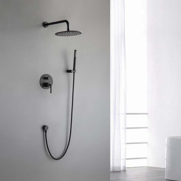 Modern black wall mounted shower system with handheld