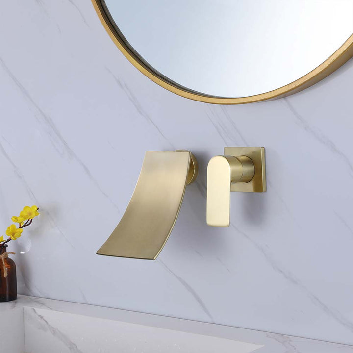 Modern brushed gold wall-mount bathroom faucet with unique handle design