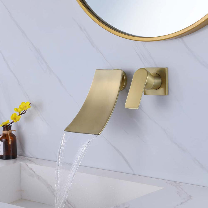 Modern brushed gold wall-mount bathroom faucet with water flow effect