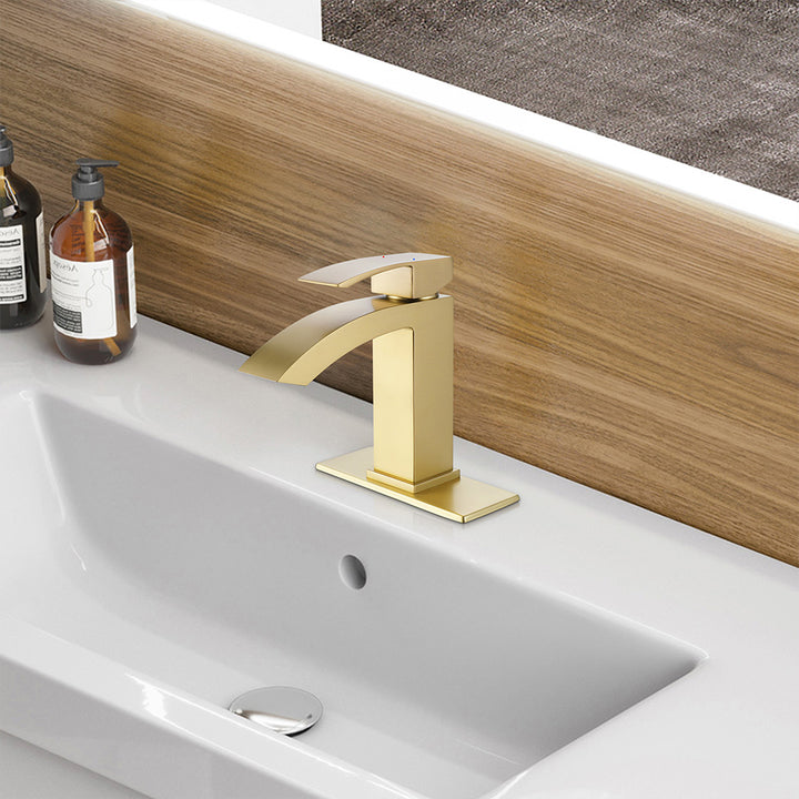Modern brushed gold waterfall bathroom faucet lifestyle