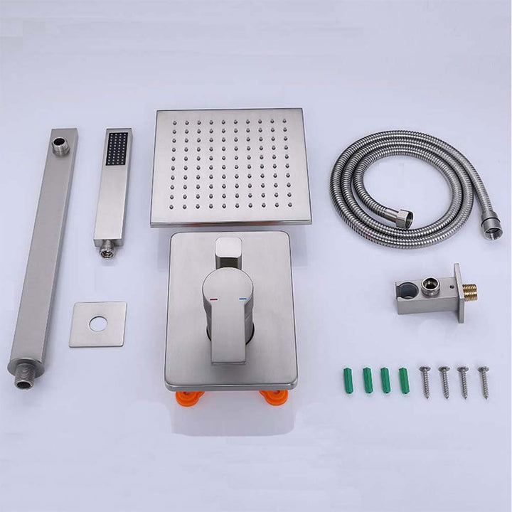 Brushed nickel shower system with square rain head and hand spray