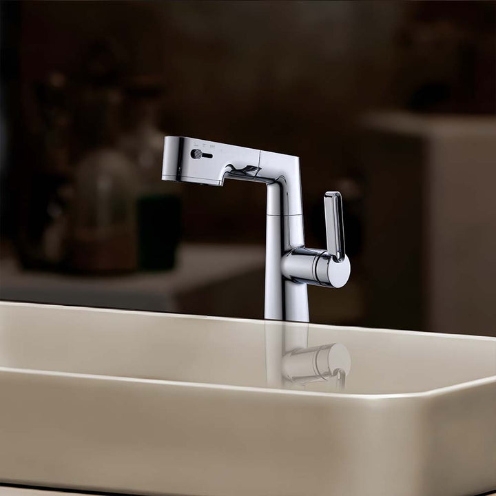 Modern chrome smart bathroom faucet with sleek design installed on a white bathroom sink