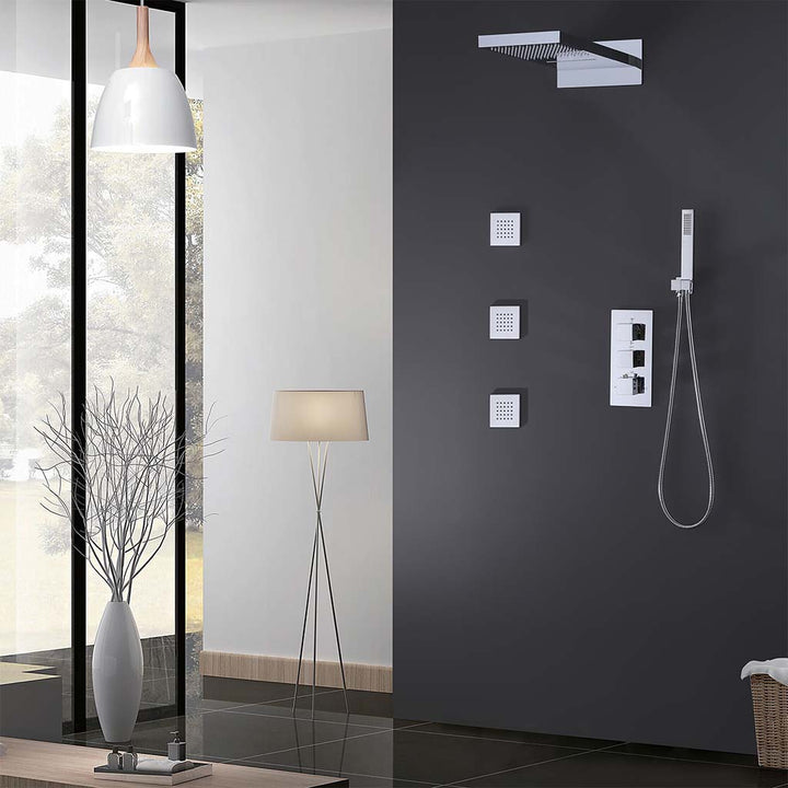 Modern chrome square wall mounted shower system with body jets
