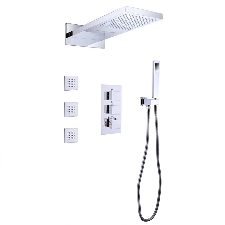 Modern chrome square shower system with handheld sprayer and body jets