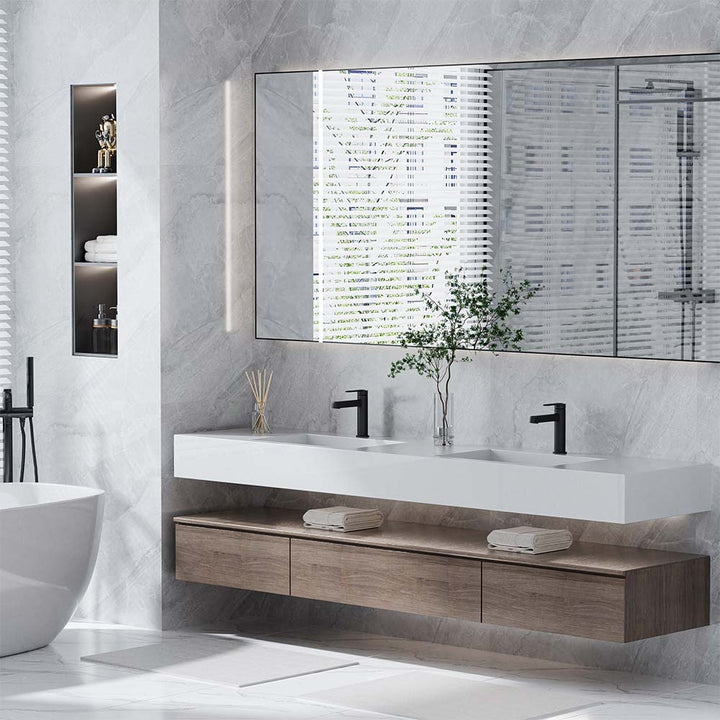 Double bathroom vanity with matte black faucets and wall mirror