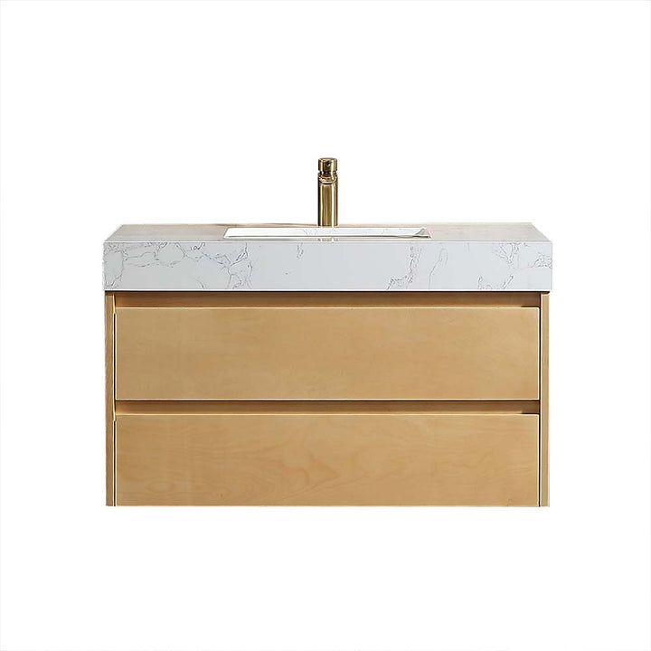 36 inch modern floating vanity with maple wood finish and white top
