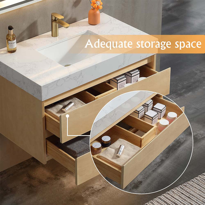 36 inch modern floating vanity with storage drawers and white top