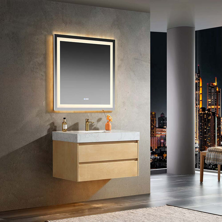 36 inch modern floating vanity with LED mirror in luxury bathroom