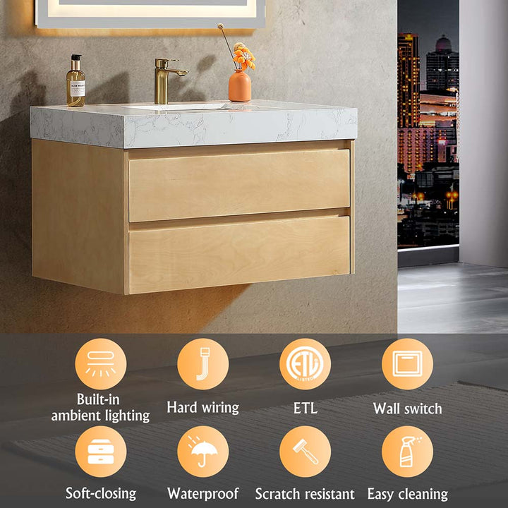 Modern floating vanity with ETL certified lighting, waterproof, soft-close drawers