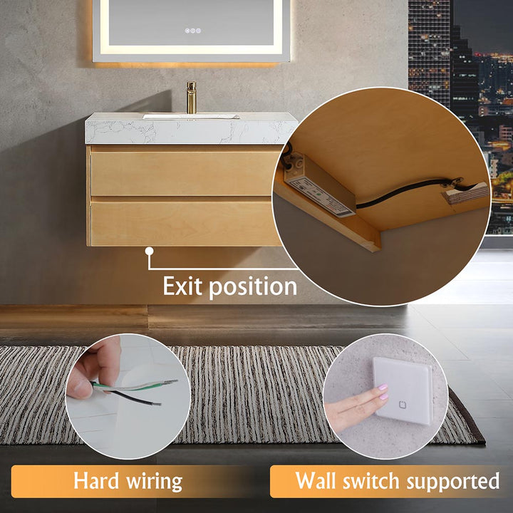 Modern floating vanity with hard wiring and wall switch support