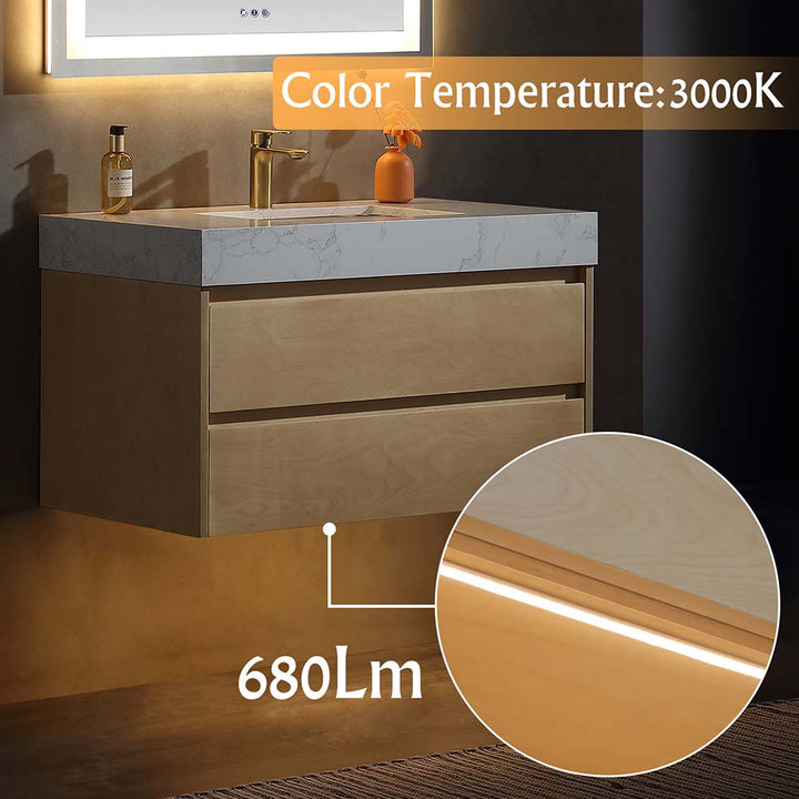 Modern floating vanity with 3000K LED light 680 lumens under cabinet