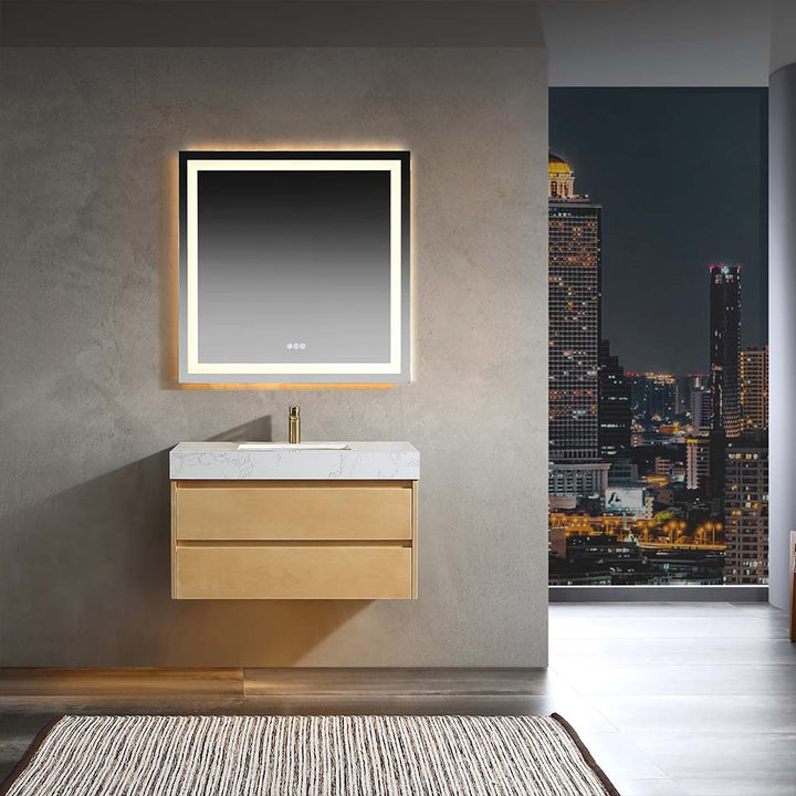 Modern floating vanity with LED mirror in contemporary bathroom