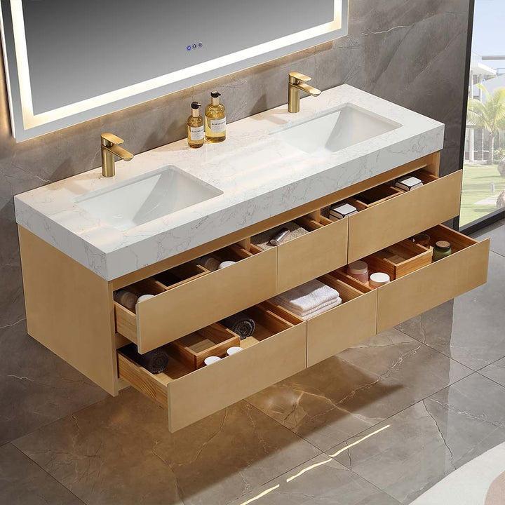 Modern floating vanity with marble countertop, dual sinks, and ample storage space