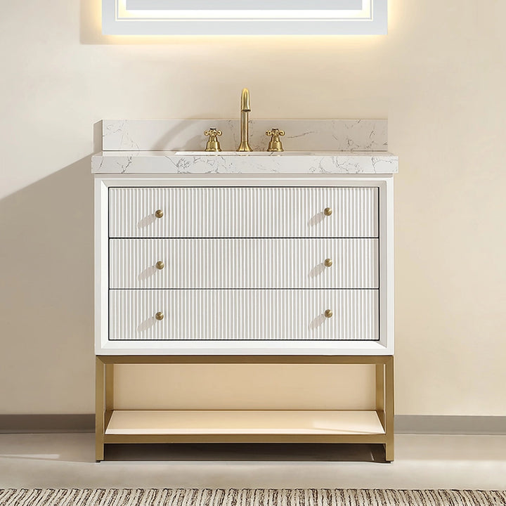 Modern fluted solid wood bathroom vanity white marble