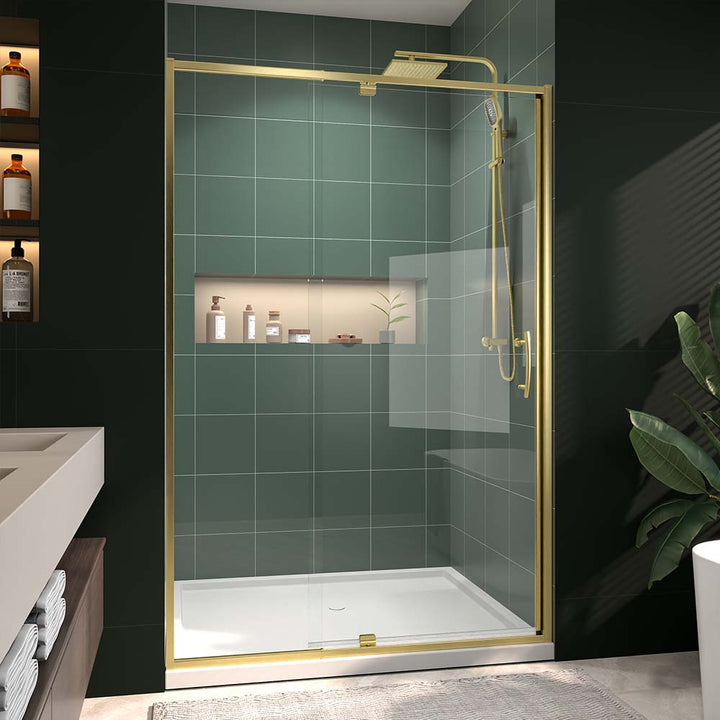 Modern gold framed shower door in green bathroom interior