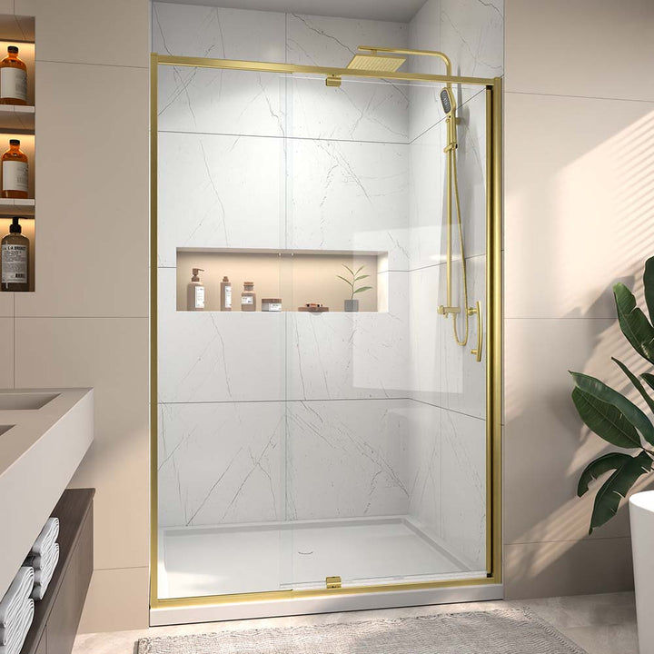 Modern gold shower door with clear tempered glass front view