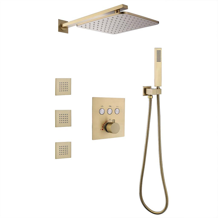 Modern gold shower system with handheld sprayer and 3 body jets
