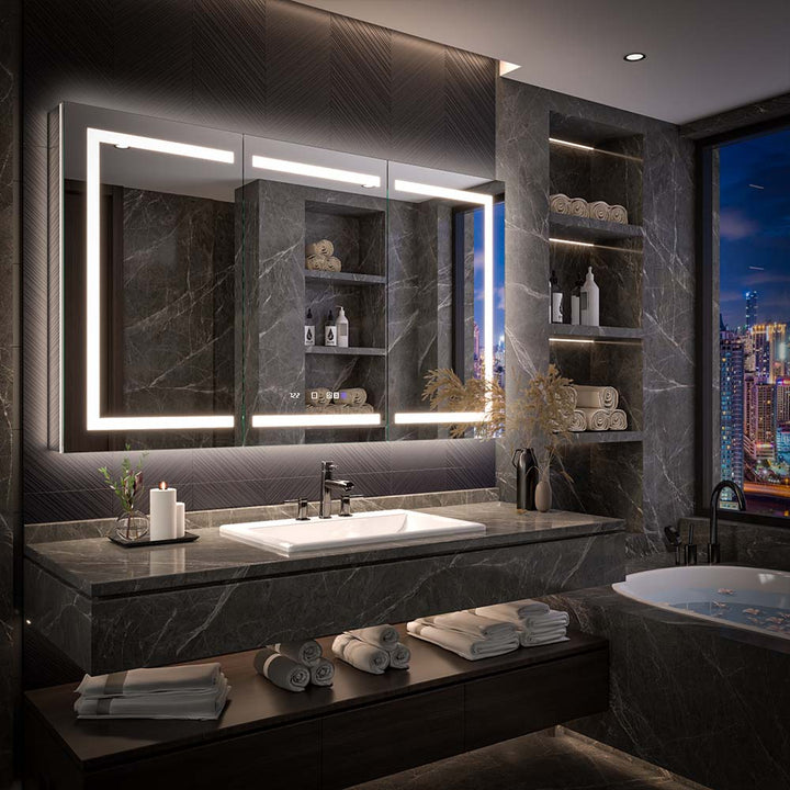 LED medicine cabinet with mirror in modern bathroom