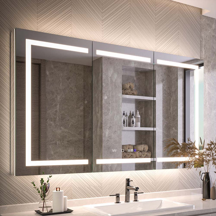 LED medicine cabinet in light-tone bathroom