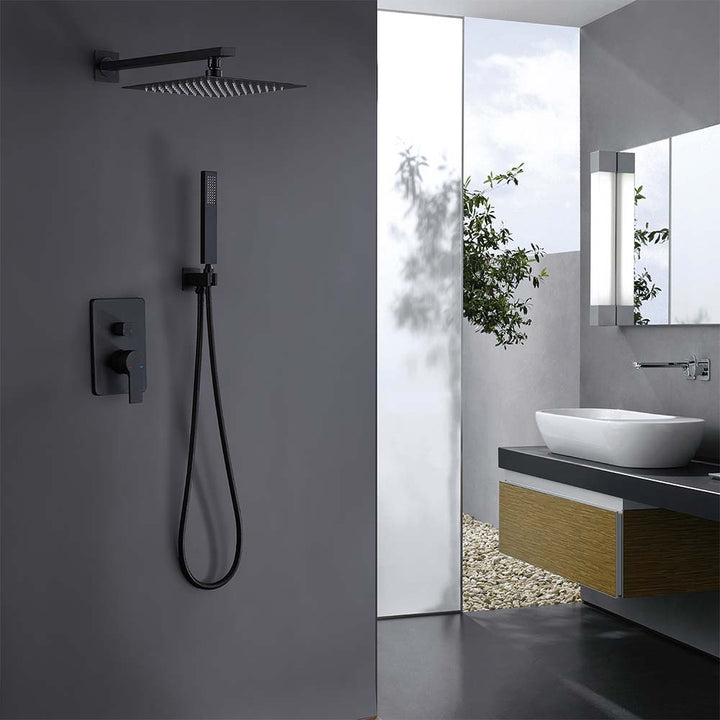 Modern matte black shower system in contemporary bathroom scene