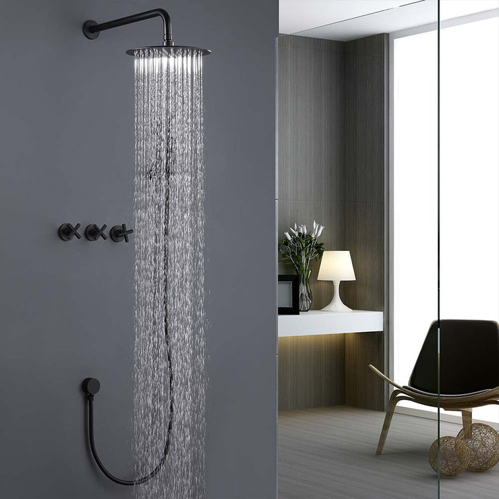 Matte black shower system with rainfall spray in modern bathroom