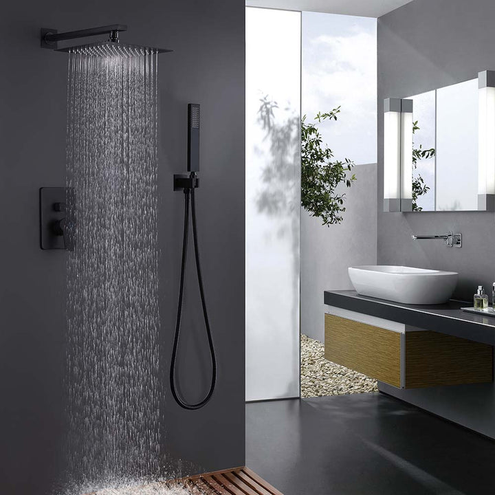 Modern matte black rainfall shower system in contemporary bathroom