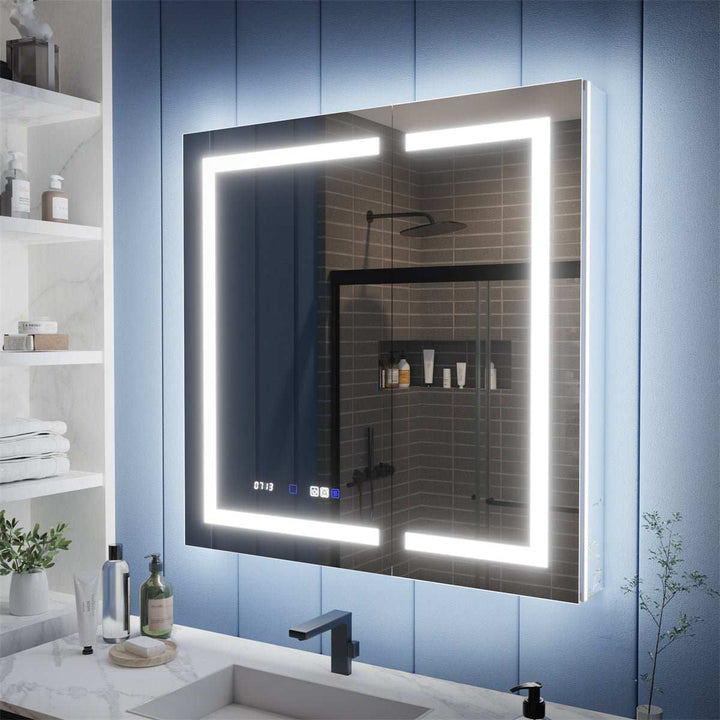Modern medicine cabinet with LED light and sleek design.