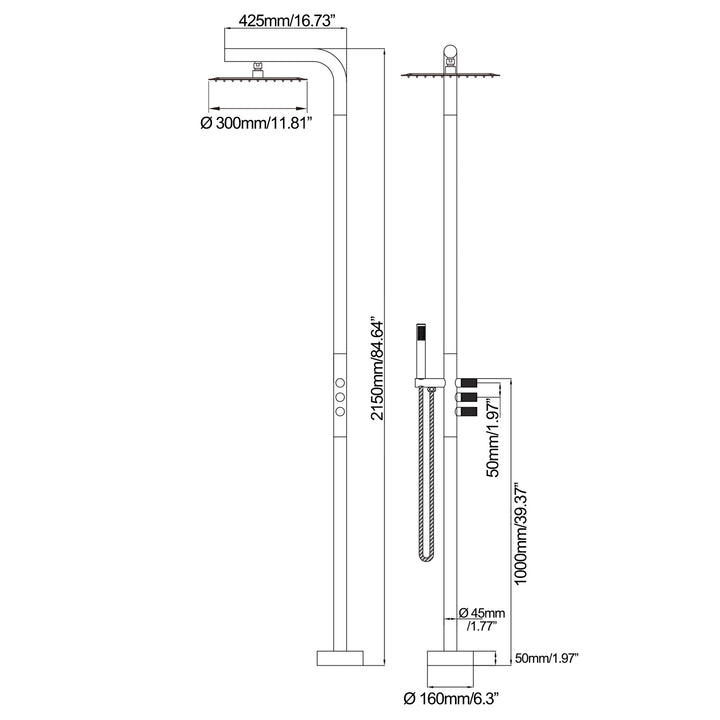 Dimensions drawing of black outdoor shower system
